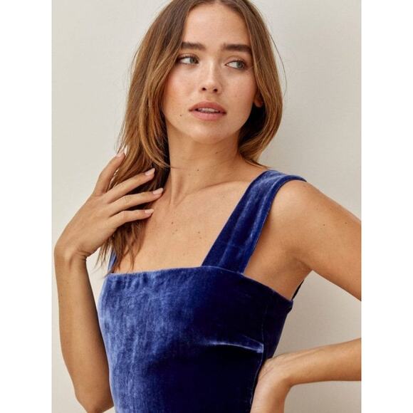 REFORMATION Navy Sleeveless Midi Dress Velvet Square Neck High Slit Danube NWT - Picture 3 of 14